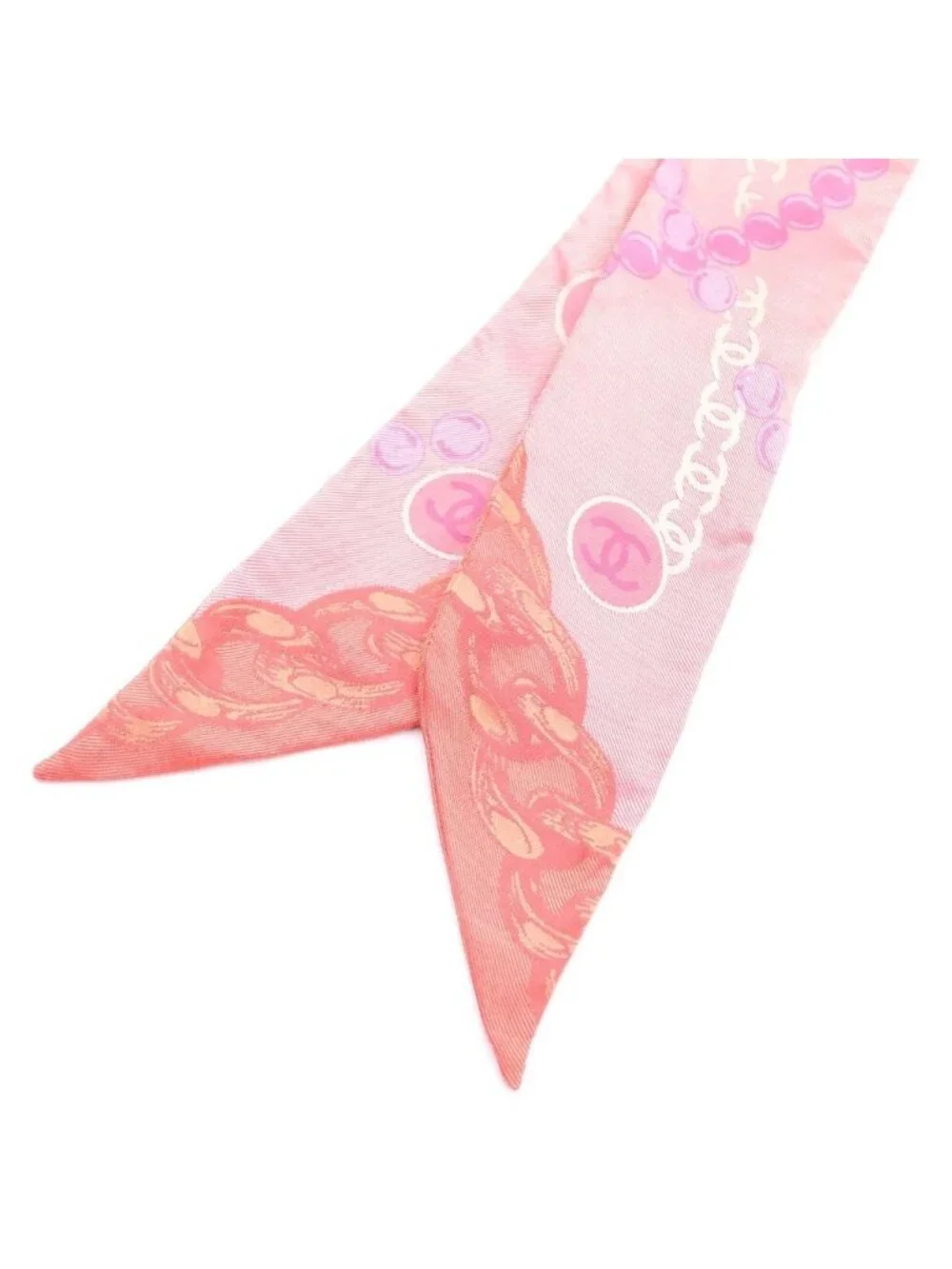 Chanel CC Logo Pearl Motif Silk Twilly Scarf Pink